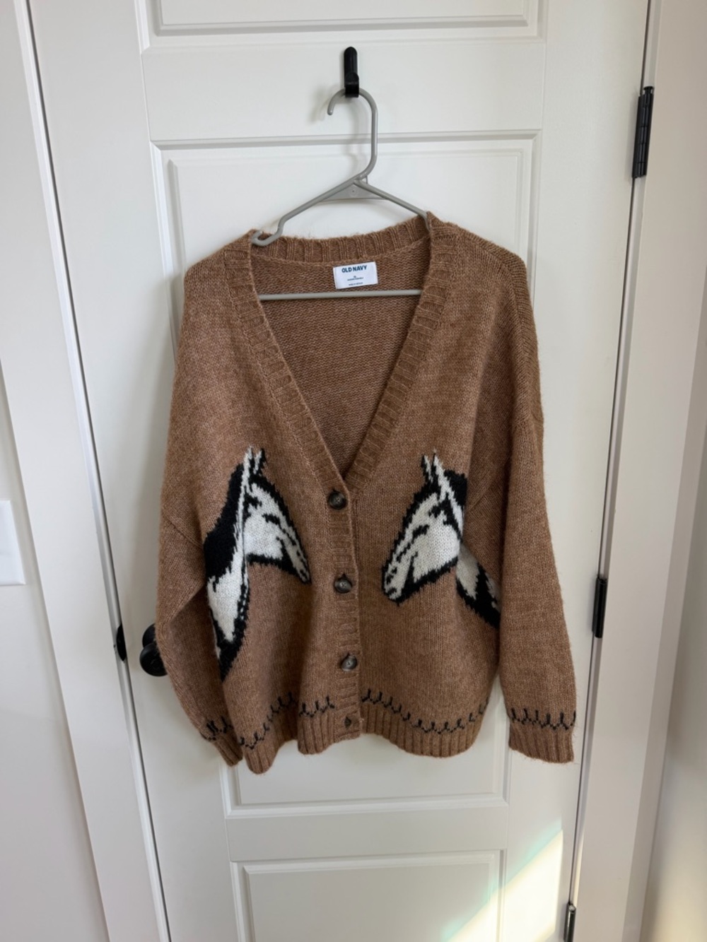Old Navy Camel & Black Horse Intarsia Button Cardigan